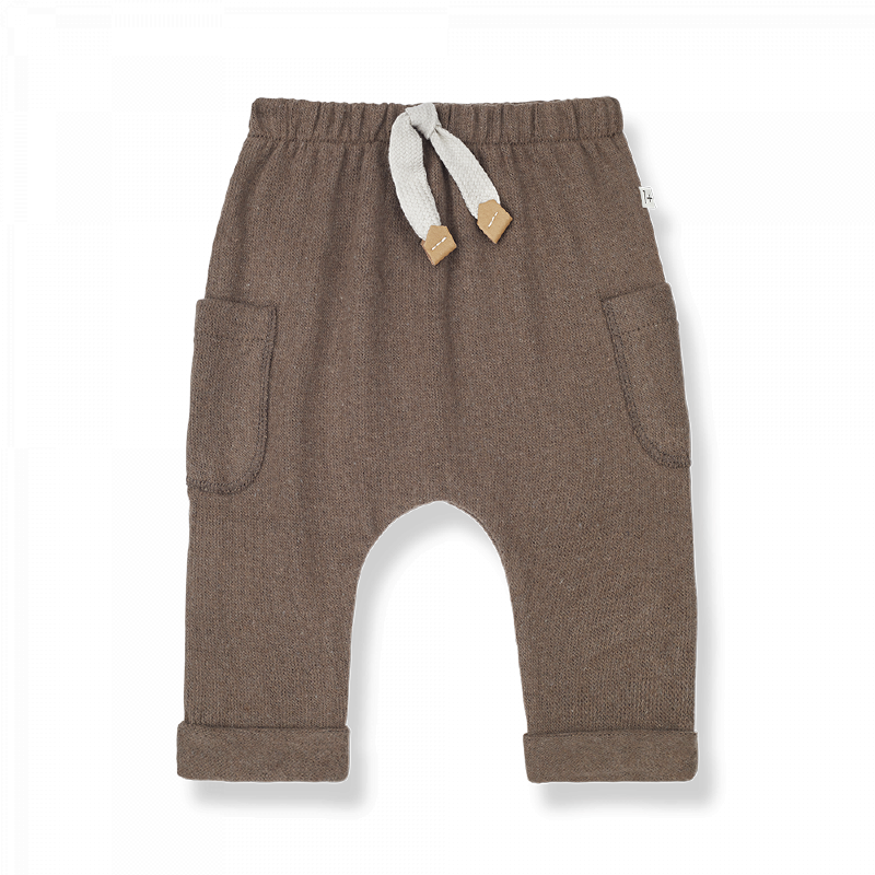 Pantalone in pile di cotone per bambini, color marrone e due tasche