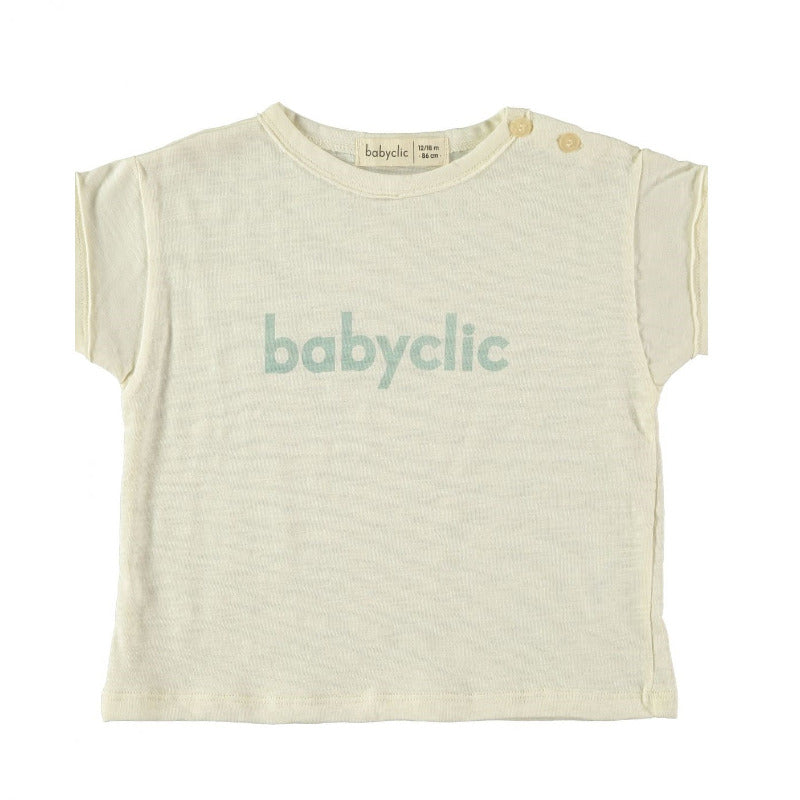  t-shirt bambini in cotone biologico a manica corta, con il logo babyclic su fondo vaniglia