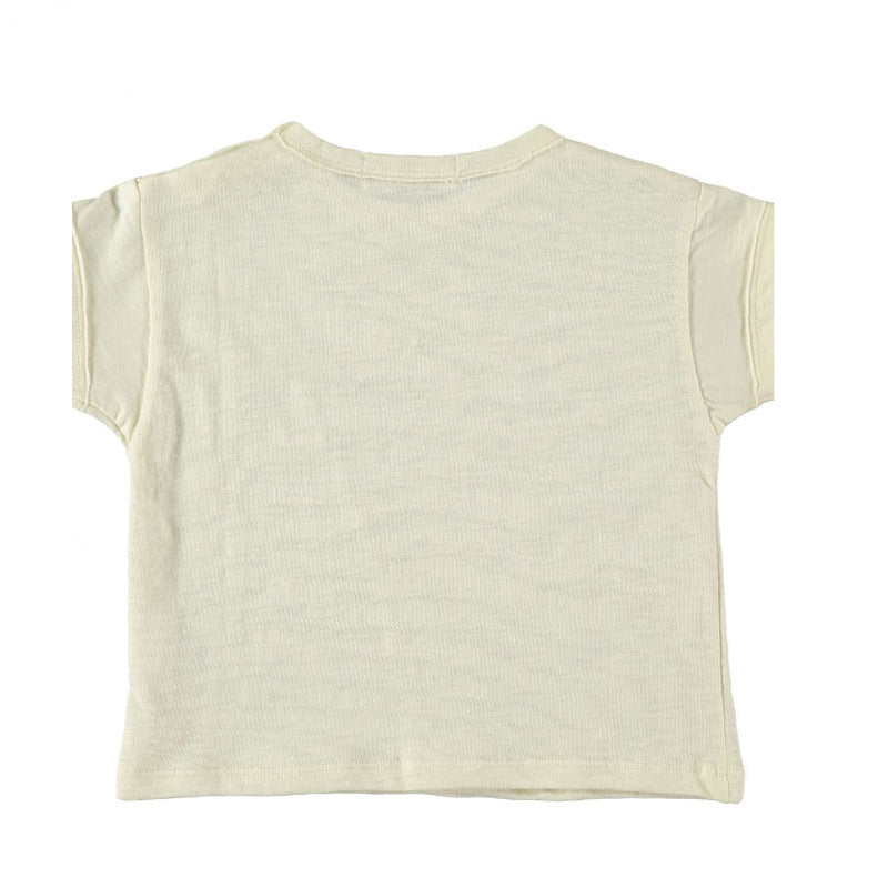  t-shirt bambini in cotone biologico a manica corta, con il logo babyclic su fondo vaniglia